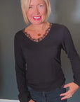 Monica Tshirt with Lace Neckline in Black