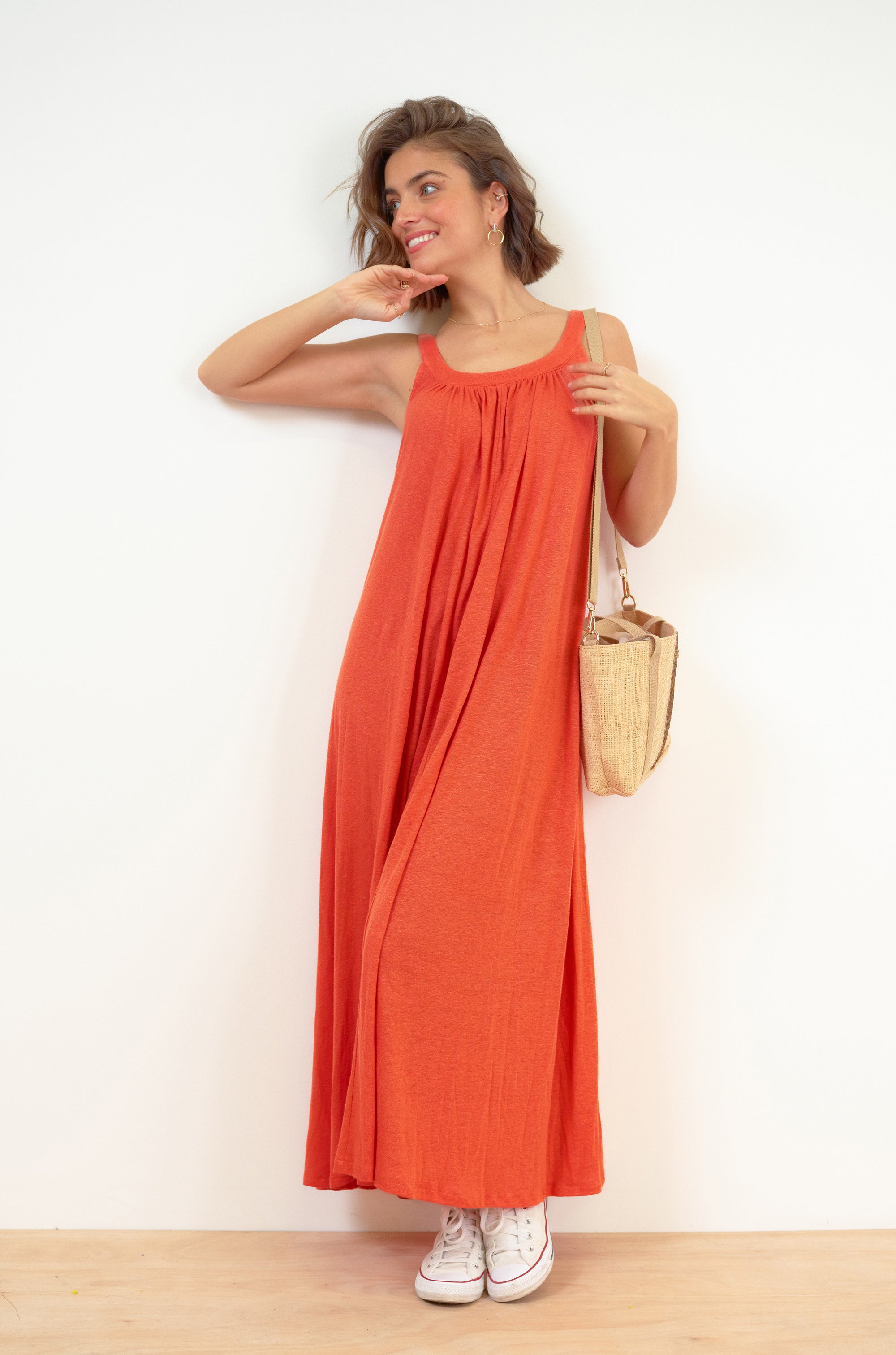 Long Linen Dress in Bright Orange Size L