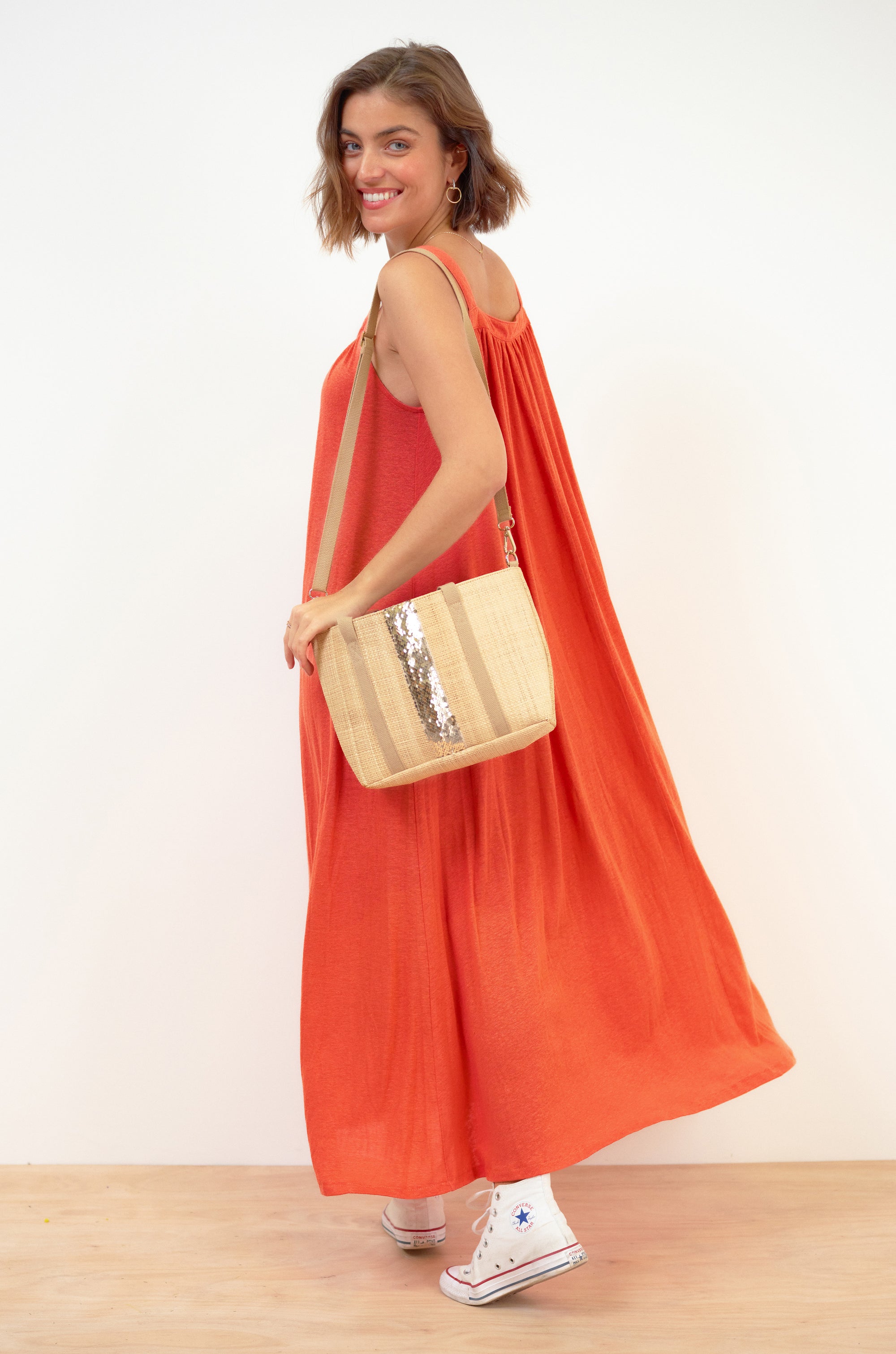 Long Linen Dress in Bright Orange Size L