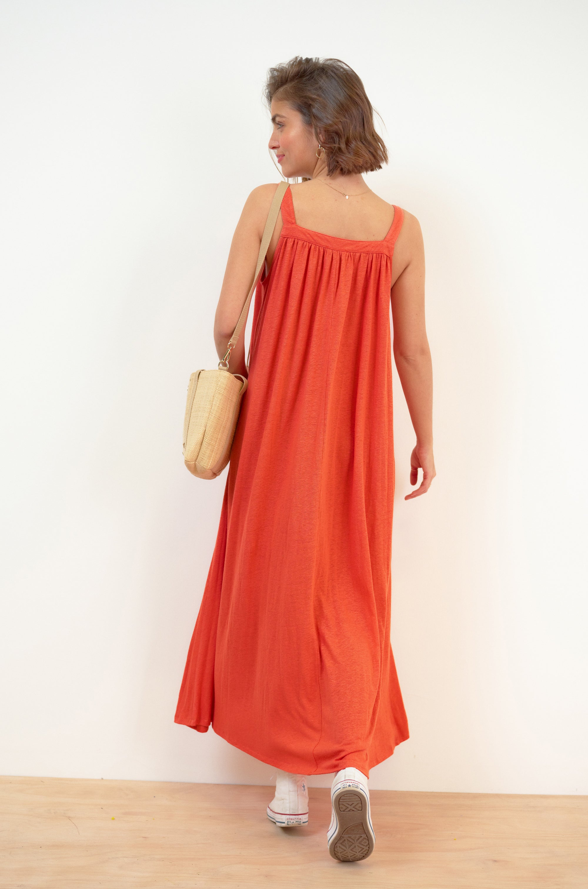 Long Linen Dress in Bright Orange Size L