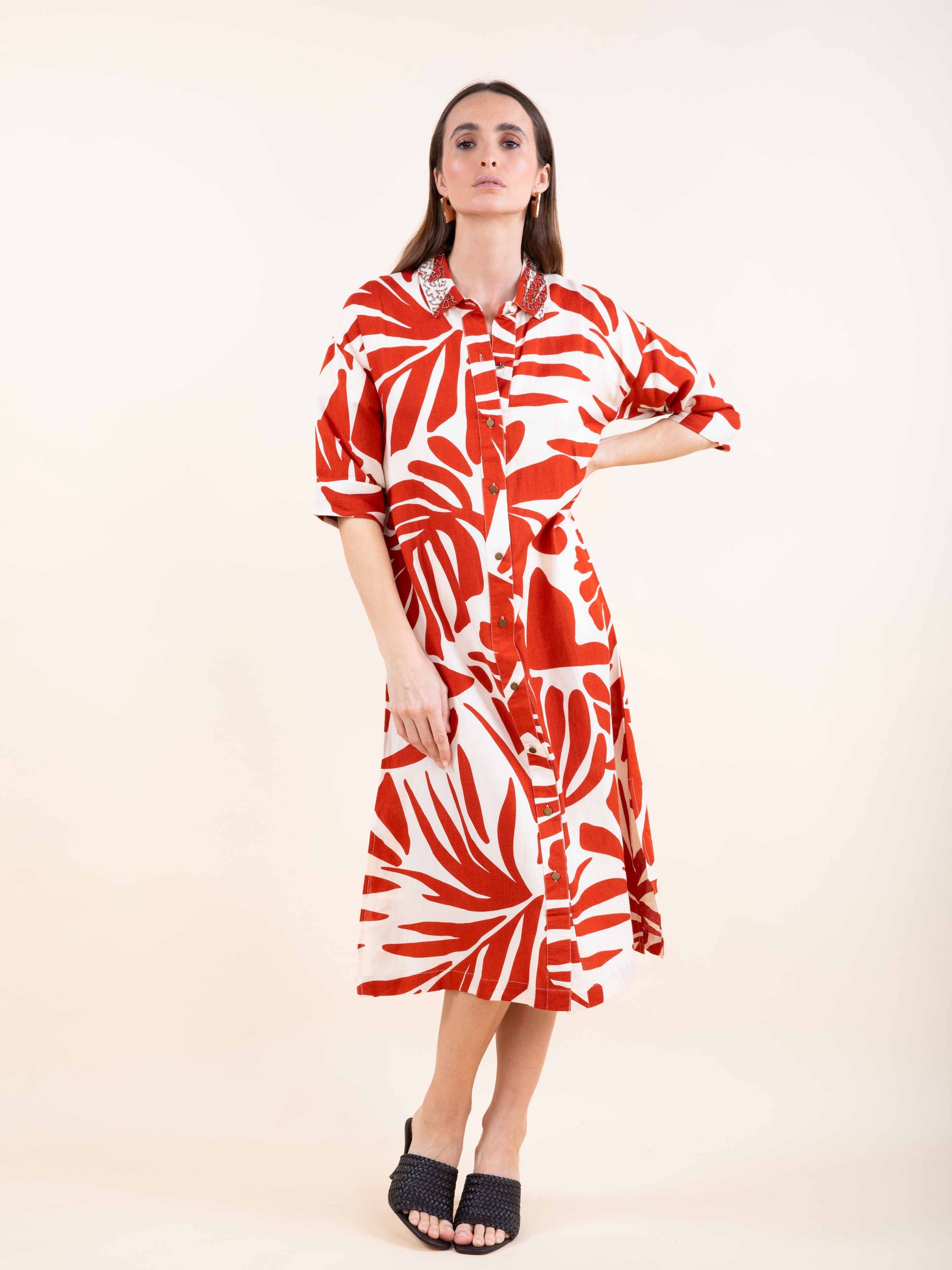 Printed Shirt Dress in Ochre OR Paprika