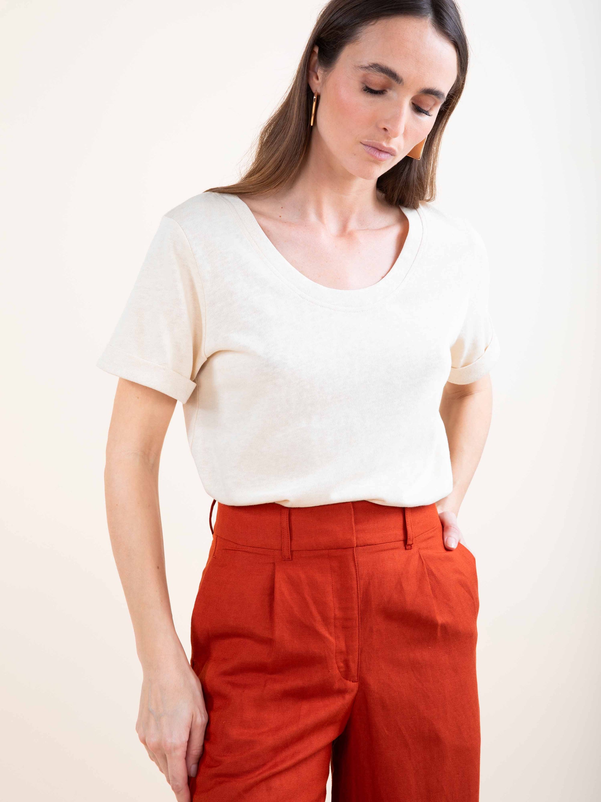 Linen Blend Wide Leg Trousers in Ochre OR Paprika