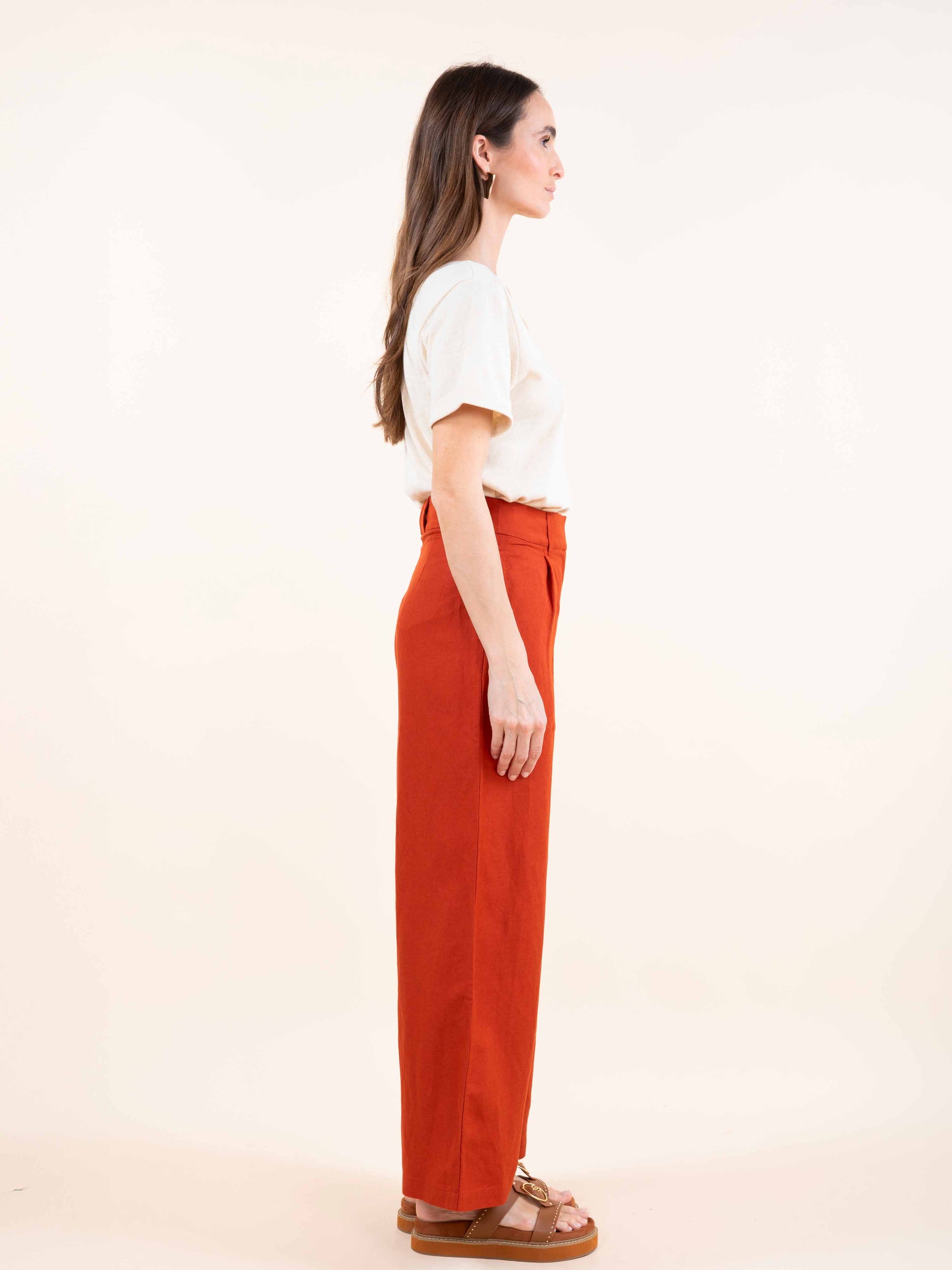 Linen Blend Wide Leg Trousers in Ochre OR Paprika