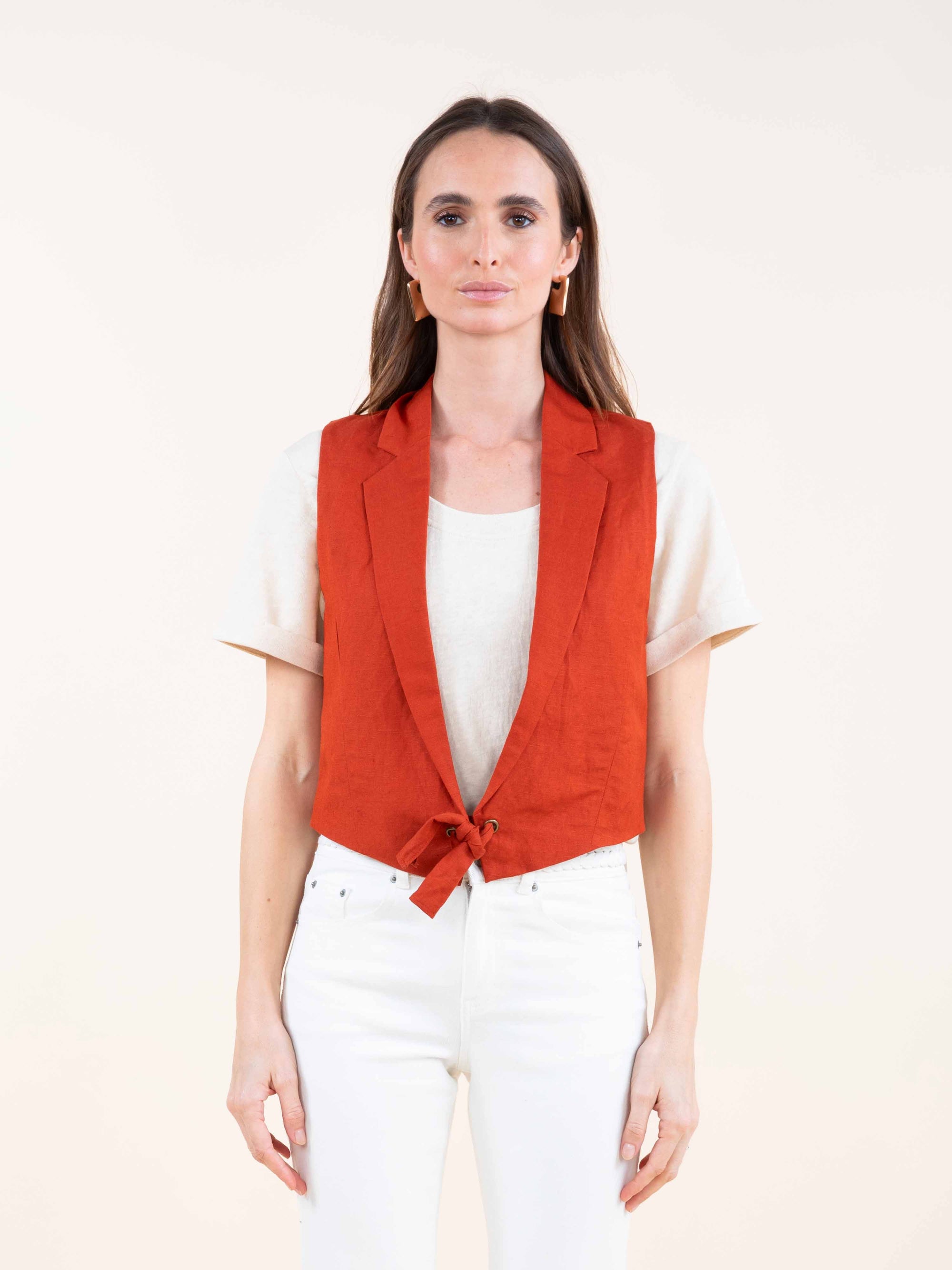 Linen Blend Sleeveless Jacket in Ochre OR Paprika