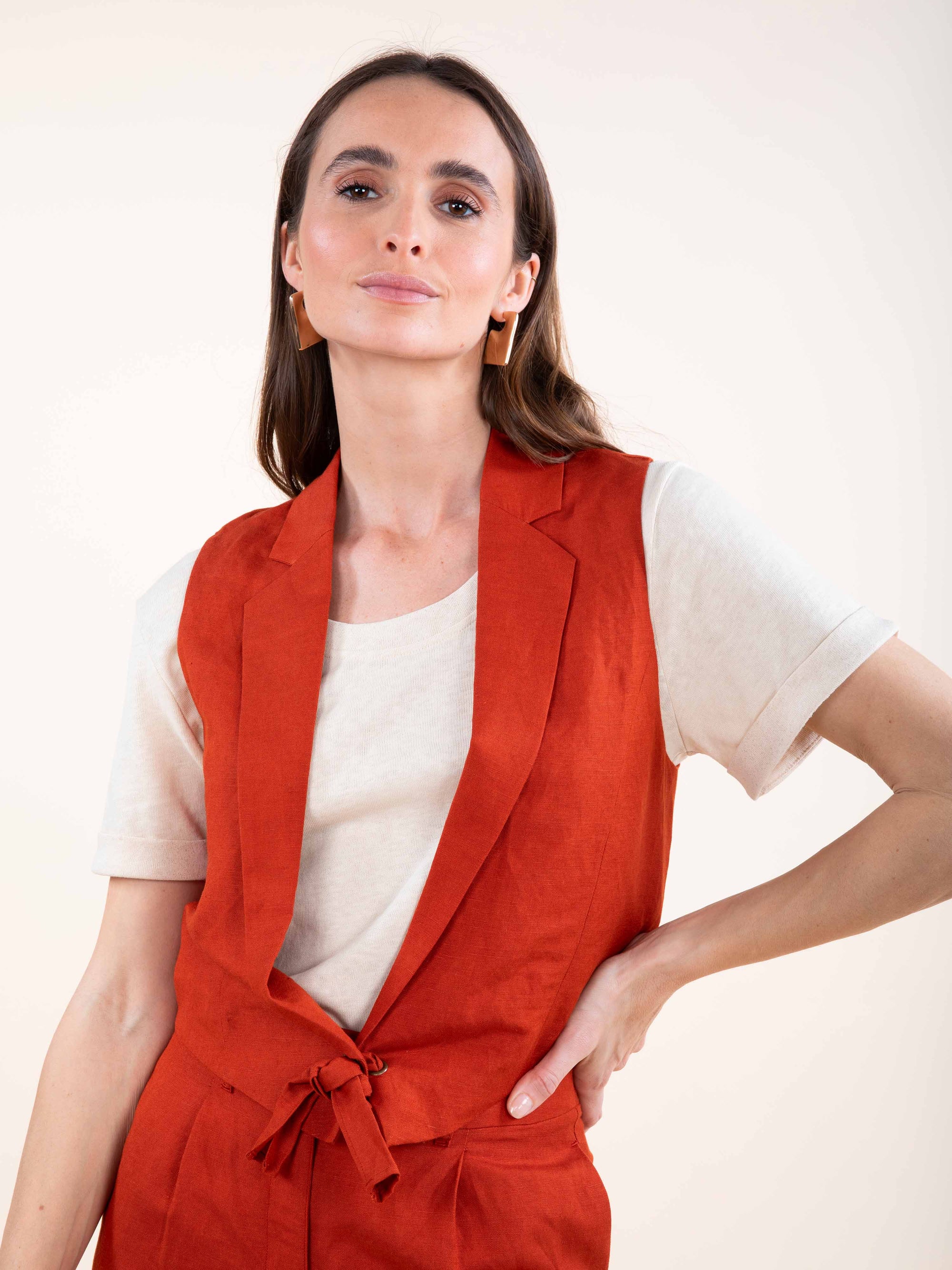 Linen Blend Sleeveless Jacket in Ochre OR Paprika