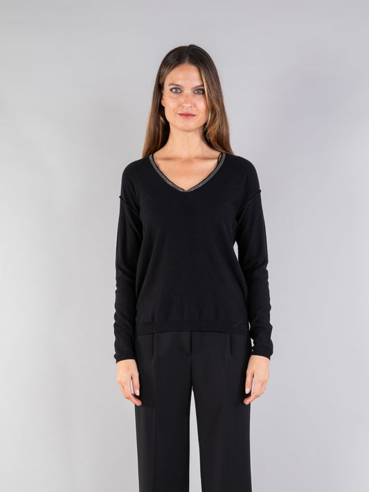 Silver Trim V Neck Jumper in Black