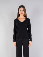 Silver Trim V Neck Jumper in Black