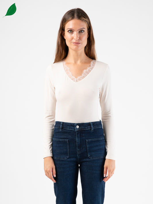 Monica Tshirt with Lace Neckline in Ecru