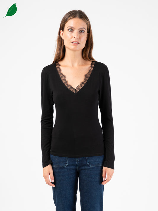 Monica Tshirt with Lace Neckline in Black