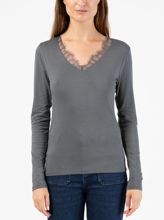 Monica Tshirt with Lace Neckline in Light Charcoal