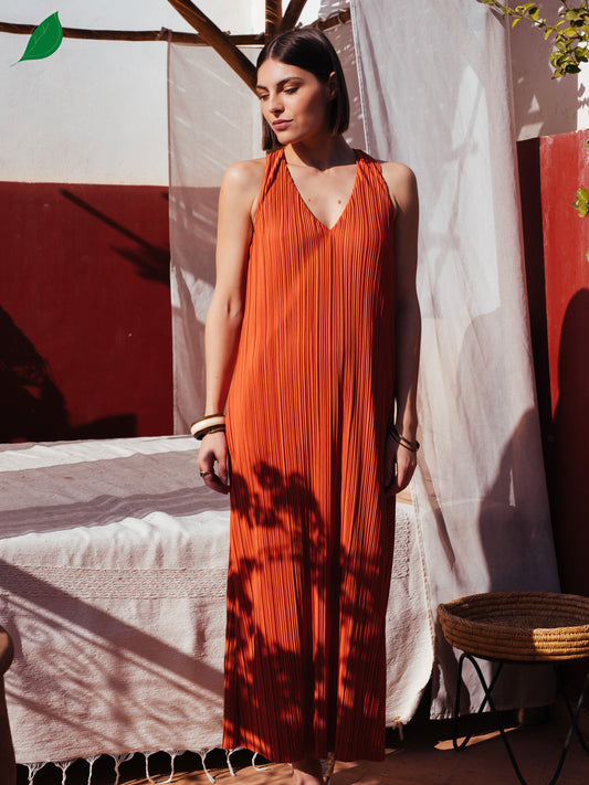 Long pleated dress in Terracotta