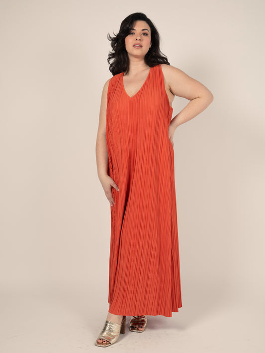 Long pleated dress in Terracotta