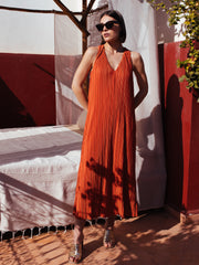 Long pleated dress in Terracotta