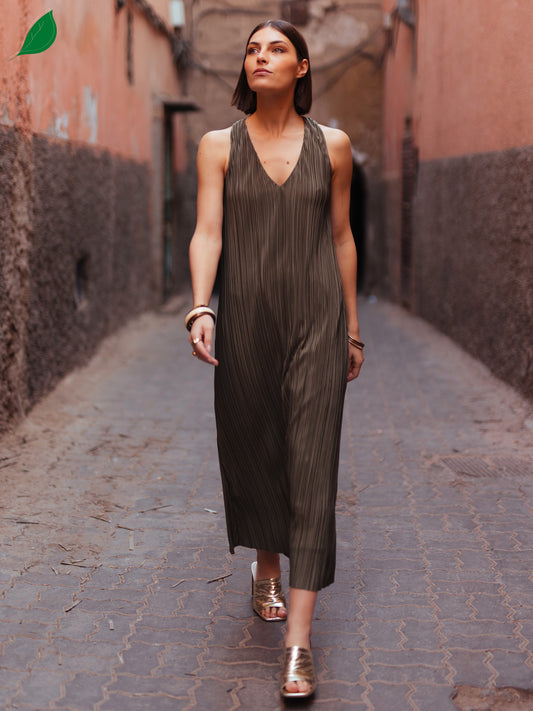 Long Pleated Dress in Khaki