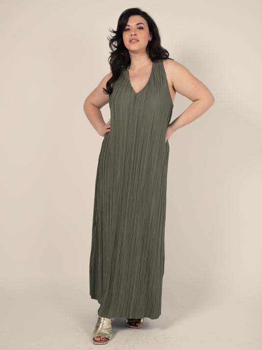 Long Pleated Dress in Khaki