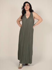 Long Pleated Dress in Khaki