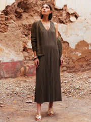 Long Pleated Dress in Khaki