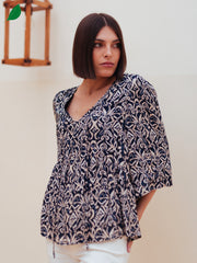 Loose Printed Blouse in Indigo