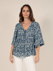 Loose Printed Blouse in Indigo