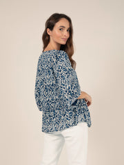 Loose Printed Blouse in Indigo