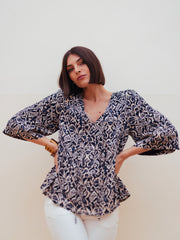 Loose Printed Blouse in Indigo