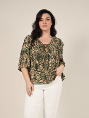 Loose Printed Blouse in Khaki