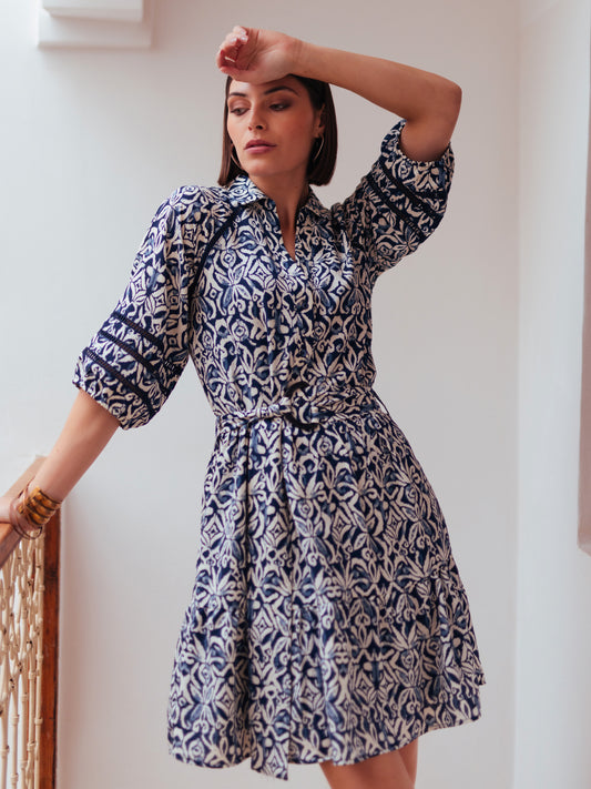 Puff Sleeve Dress in Indigo