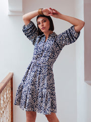 Puff Sleeve Dress in Indigo