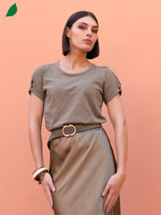 Jewel Button T-Shirt in Khaki