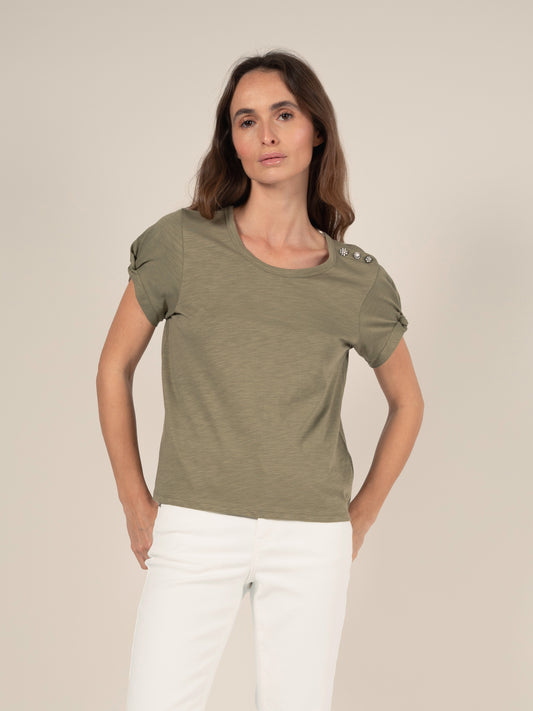 Jewel Button T-Shirt in Khaki