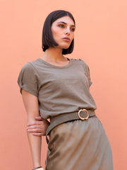 Jewel Button T-Shirt in Khaki