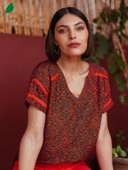 Printed Short Sleeve Blouse in Poppy