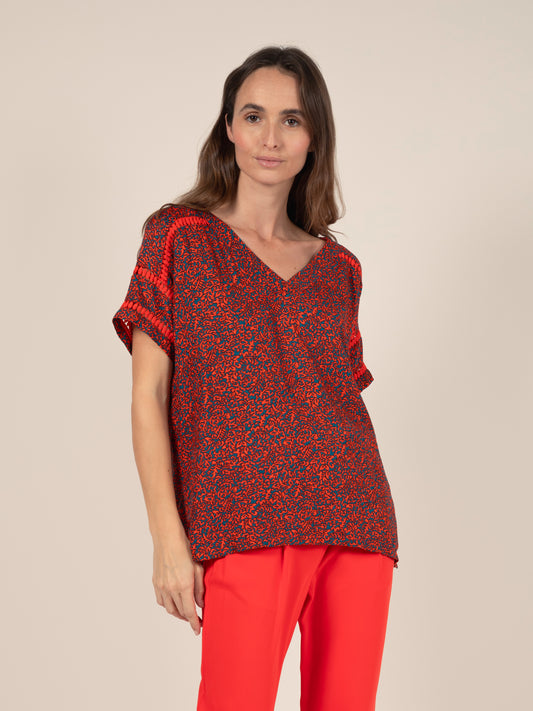 Printed Short Sleeve Blouse in Poppy