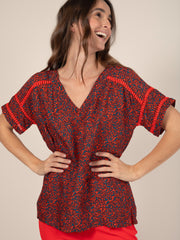 Printed Short Sleeve Blouse in Poppy