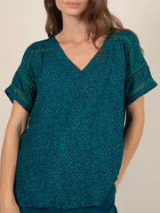 Printed Short Sleeve Blouse in Duck Blue