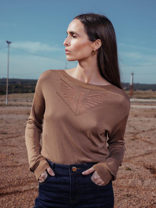 Lurex Reversible Jumper in Camel