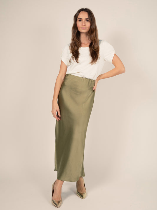 Long Satin Skirt in Khaki