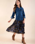 Pleated Printed Skirt in Olive Green
