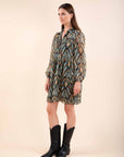 Printed Shirt Collar Dress in Peacock