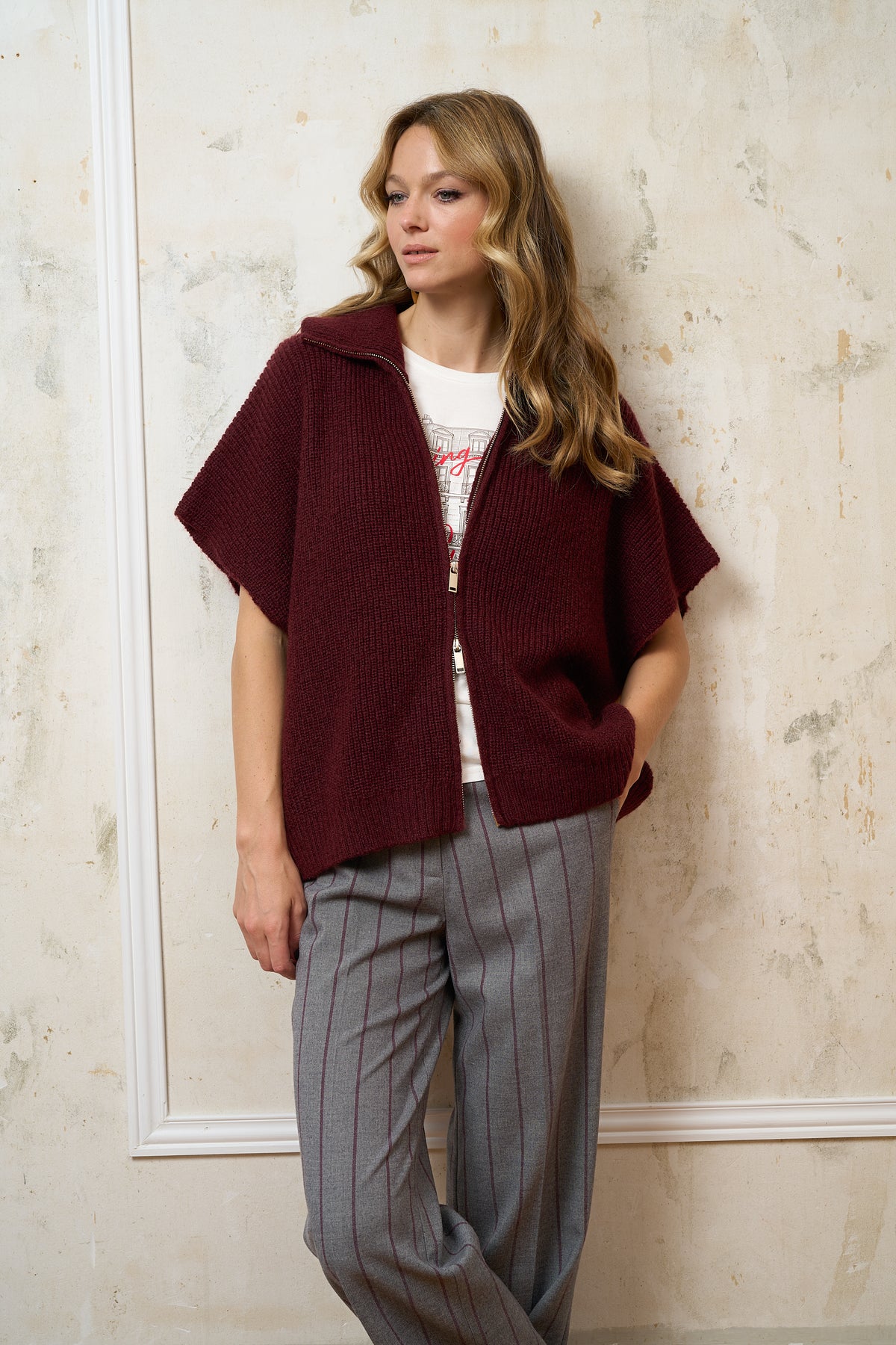 Zip-up Cardigan - PERLA in Bordeaux
