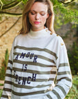 Striped Jumper with a message - PAULINE in Khaki