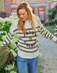 Striped Jumper with a message - PAULINE in Khaki