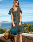 Ruffled printed dress in midnight blue Size 14