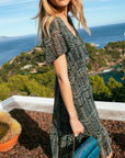 Ruffled printed dress in midnight blue Size 14