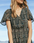 Ruffled printed dress in midnight blue Size 14
