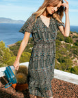 Ruffled printed dress in midnight blue Size 14