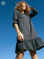 Tencel shirt dress with sequin collar in Indian ink colour