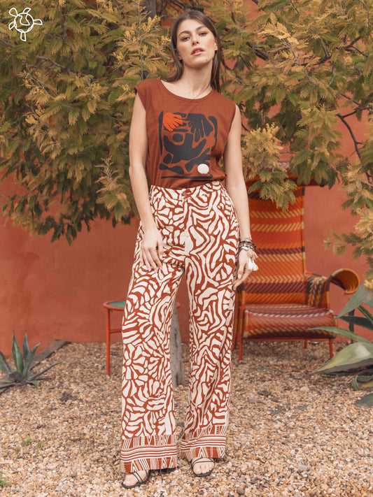Loose Patterned Trousers in Terracotta