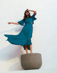 Long Satin Dress in Petrol Blue Size 12