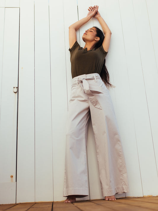 Wide Leg Trousers with Belt in Putty Beige